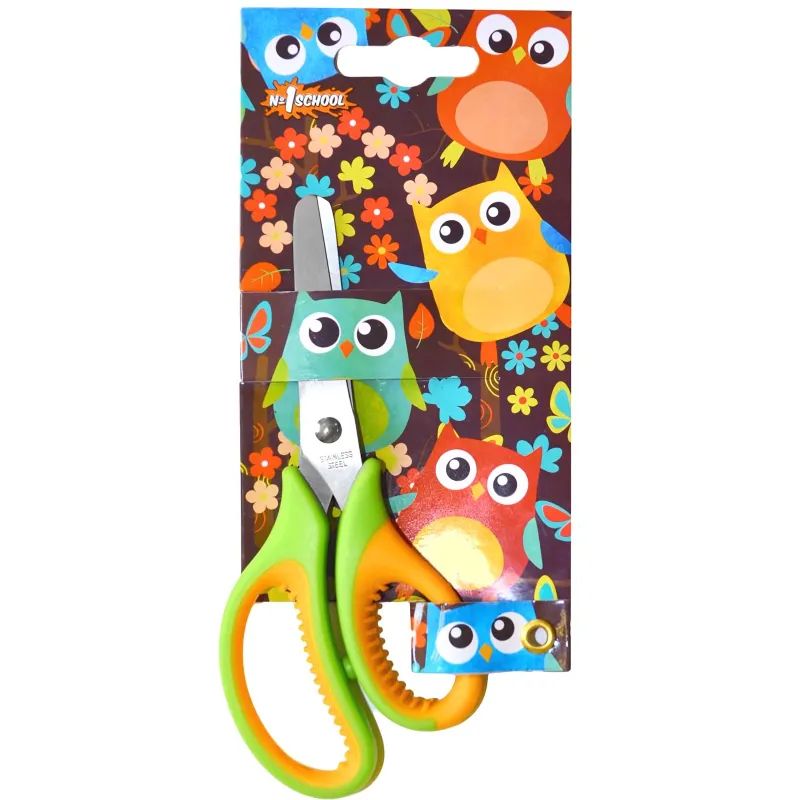Ножницы детские №1School 13,5 см, Веселые совята резиновые ручки