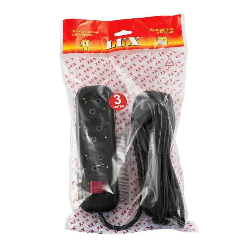 Удлинитель LUX У3-ЕВК-03 с выкл. 3-мест с з/к, 250В 16А, 3м, черный