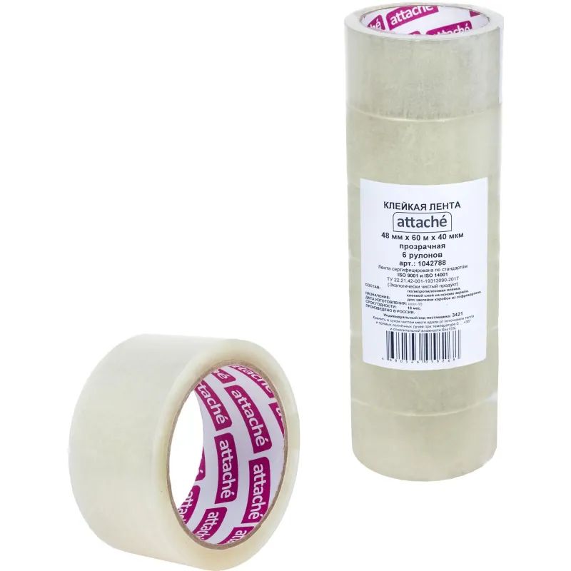 Клейкая лента упаковочная ATTACHE 48мм х 60м 40мкм прозрачная 6 шт/уп