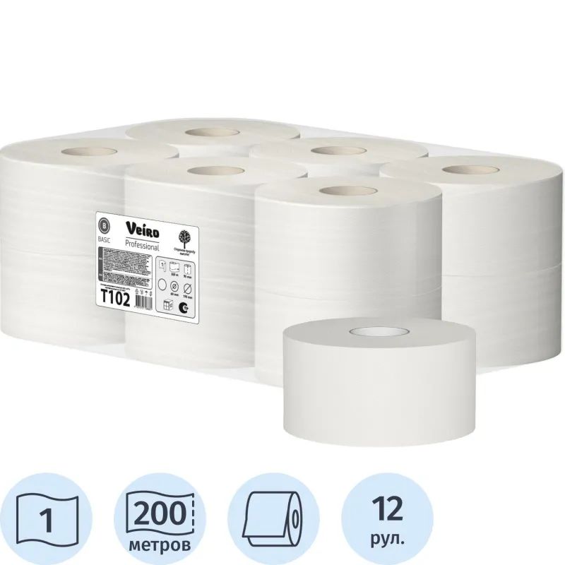Бумага туалетная д/дисп Veiro Q2 Basic 1сл сер вторич 200м 12рул/уп T102