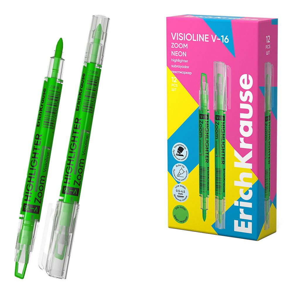 Двухсторонний текстмаркер ErichKrause Visioline V-16 Zoom Neon, цвет чернил зеленый