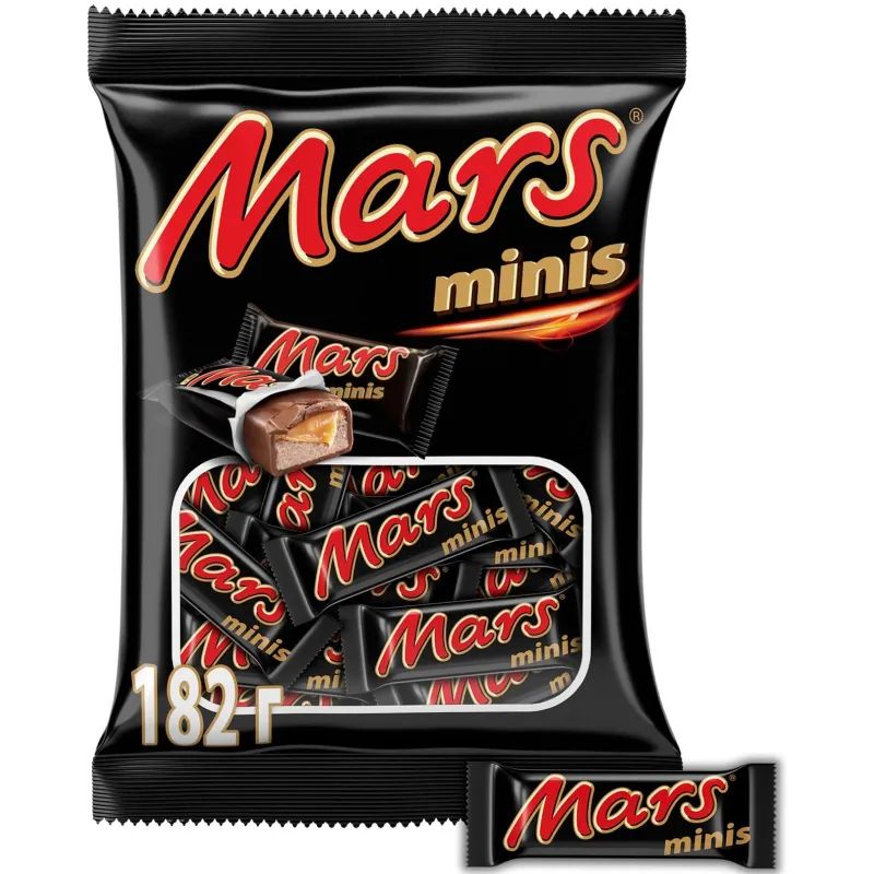 Шоколадный батончик Mars Minis с карамелью и нугой, пакет, 182г