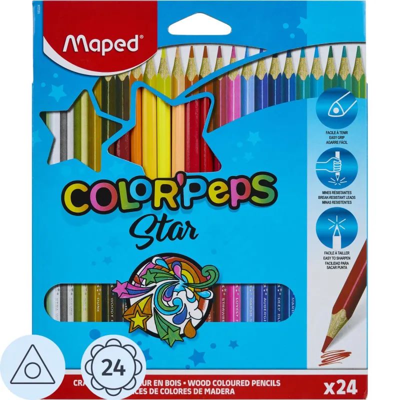 Карандаши цветные Maped COLOR&#039;PEPS STAR,3хгр,дерево,24цв/наб,183224