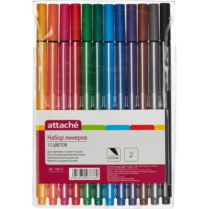 Набор линеров Attache Rainbow 12цв/набор 0,33 мм трехгран.корпус