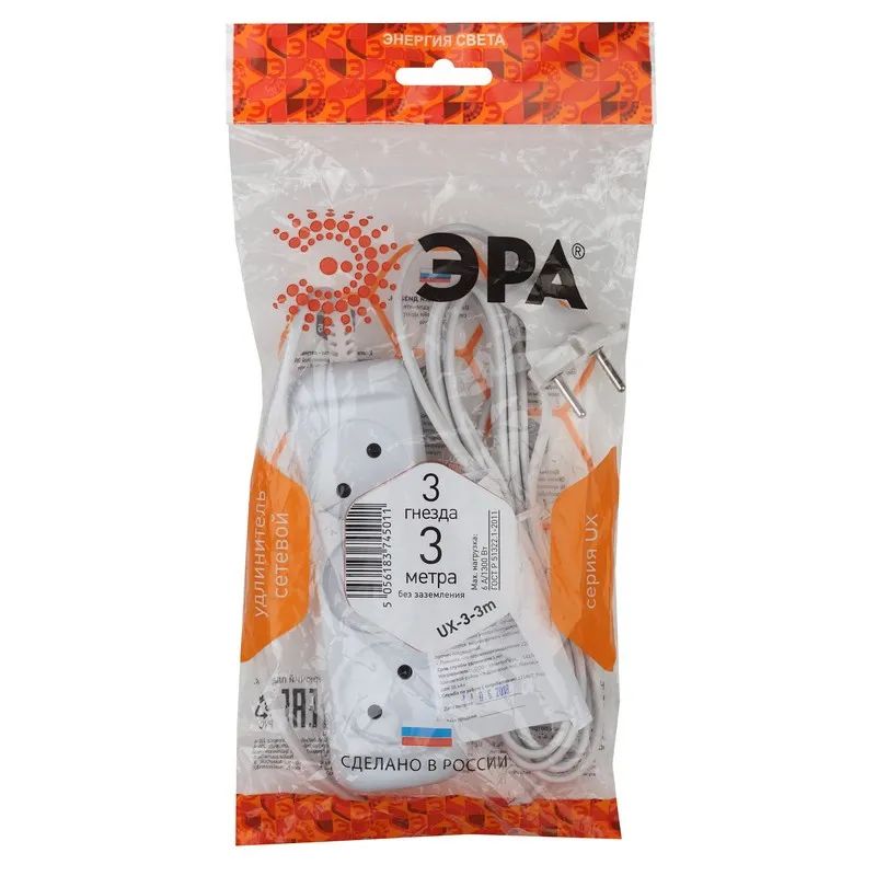 Удлинитель ЭРА, 3 роз/3м/2х0.75мм/6А/1300Вт, без заземл, белый, UX-3-3m(M)