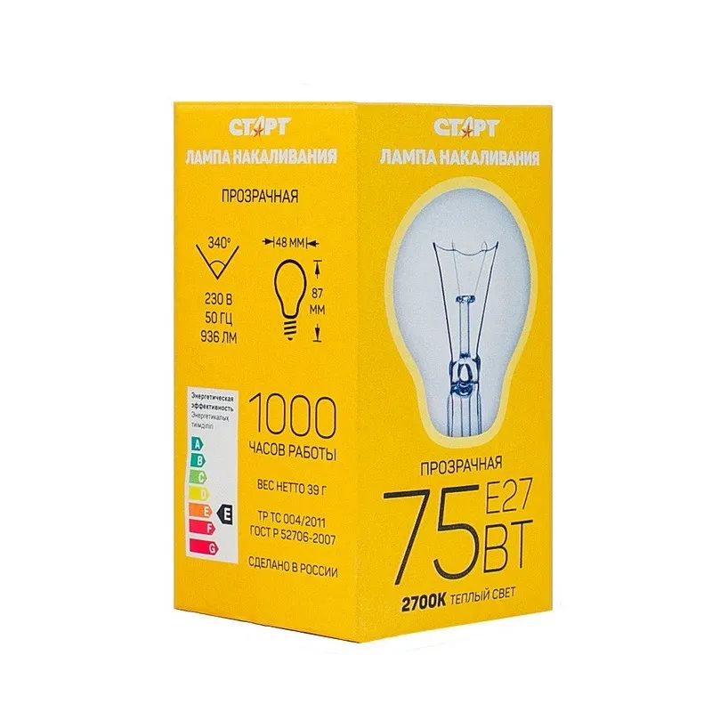 Лампа накаливания СТАРТ стандартная/прозрачная 75W E27