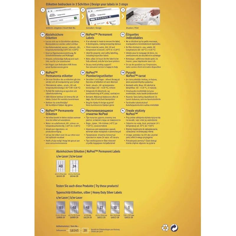 Этикетки самоклеящиеся саморазрушающиеся L6145-20, 45,7х25,4мм, 25л.,800шт/