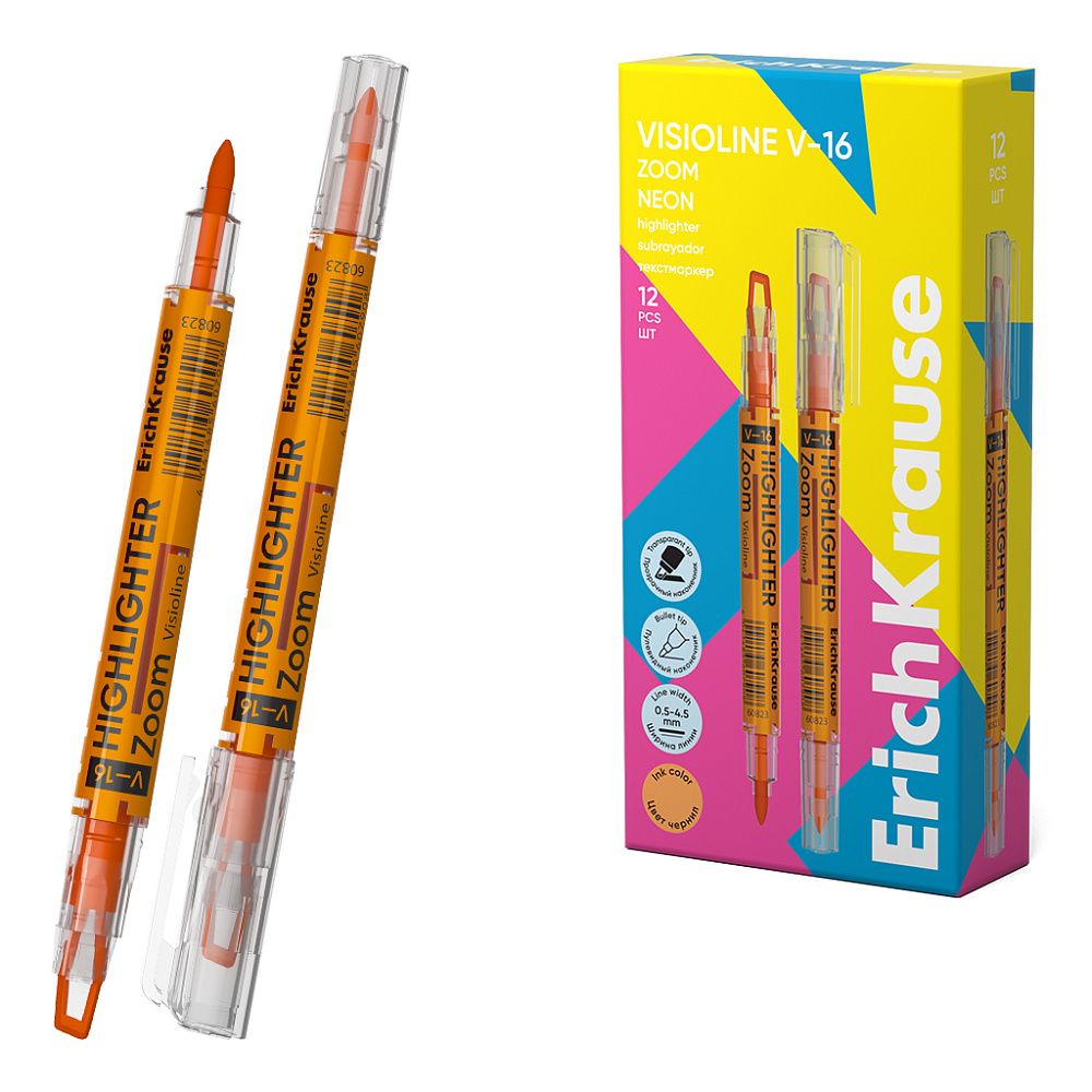 Двухсторонний текстмаркер ErichKrause Visioline V-16 Zoom Neon, цвет чернил оранжевый