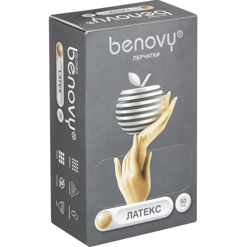 Мед.смотров. перчатки латекс., нестер., с пудрой, Benovy (М) 50 пар/уп