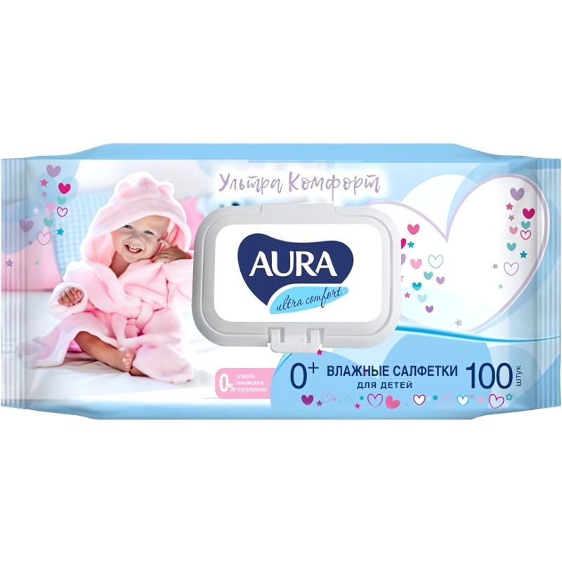 Салфетки влажные AURA для детей ULTRA COMFORT 100шт. с крышкой