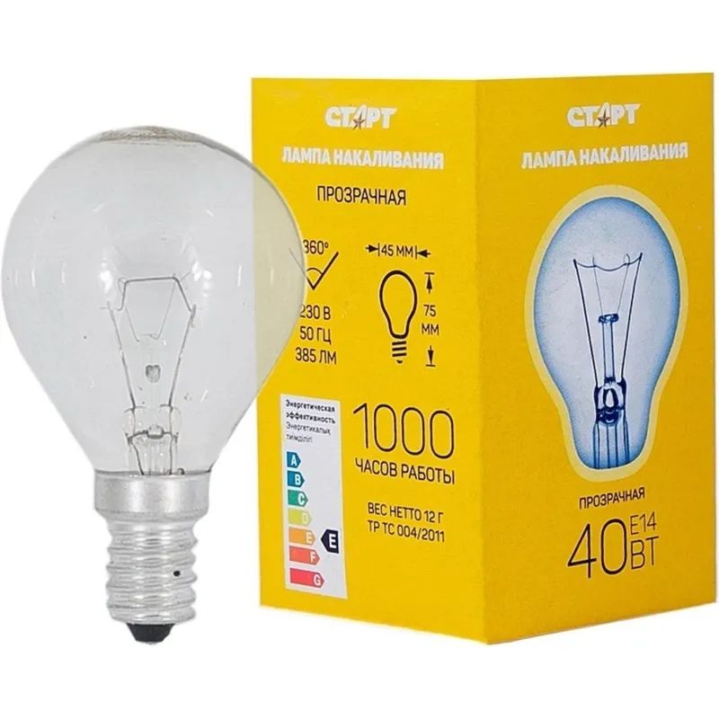 Лампа накаливания СТАРТ шарик/прозрачная 40W E14