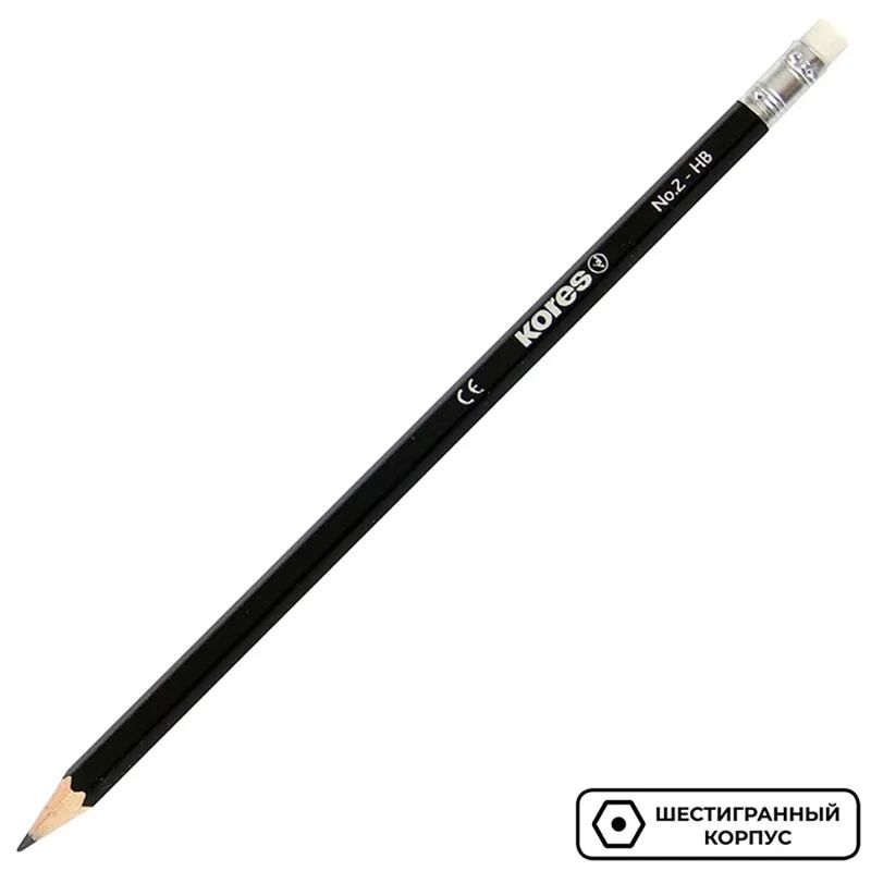 Карандаш чернографитный Kores шестигранный HB с ластиком