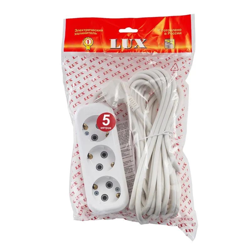 Удлинитель LUX У3-Е-05 3 входа 5м с заземлением, 250В, 16А