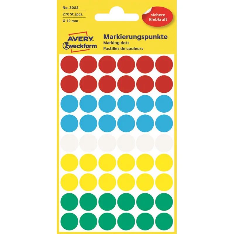 Этикетки самоклеящиеся точки  3088 d=12 мм, многоцветный, 270шт/уп