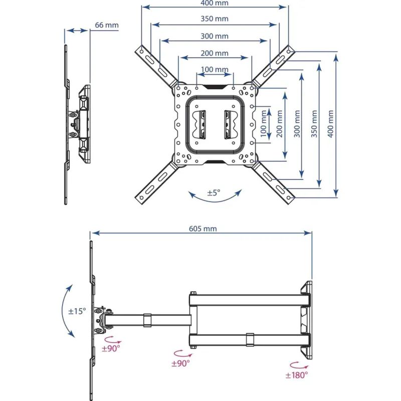 Кронштейн Kromax DIX-18, TV 22-55, настенный, наклонно-поворотный, чер