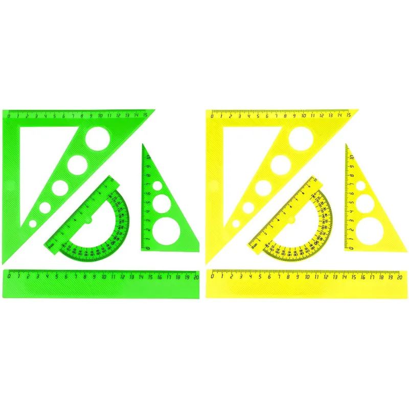 Набор средний: линейка 20см, угольники 16см и 10см, трансп-р 10см,цветасс.