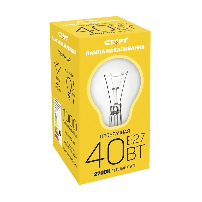Лампа накаливания СТАРТ стандартная/прозрачная 40W E27