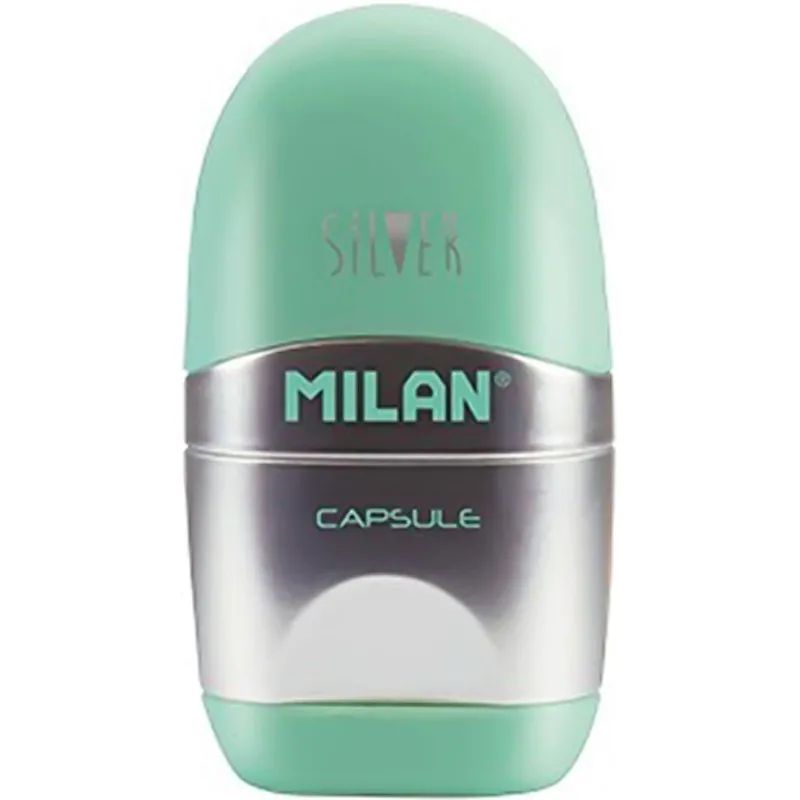 Ластик-точилка Milan CAPSULE SILVER+2 зап.ластика, цв в асс, блистBYM10356