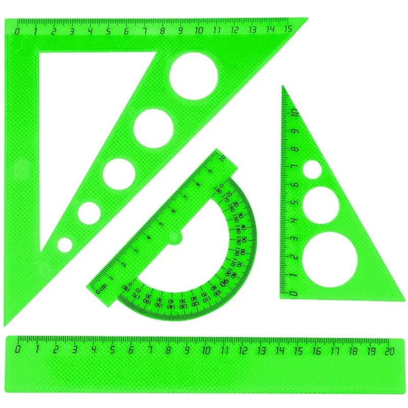 Набор средний: линейка 20см, угольники 16см и 10см, трансп-р 10см,цветасс.