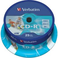 Носители информации CD-R Printable, 52x, Verbatim Azo Wide, Cake/25, 43439