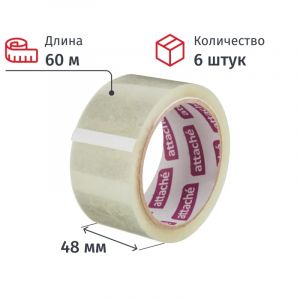 Клейкая лента упаковочная ATTACHE 48мм х 60м 40мкм прозрачная 6 шт/уп