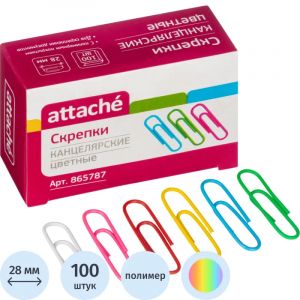 Скрепки Attache с полимерным покрытием,28 мм,разноцветные, 100 шт/уп