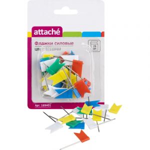 Кнопки силовые д/пробковых досок Attache ФЛАЖКИ,пластик,европ,ассор,25шт/уп