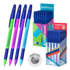 Ручка шариковая ErichKrause R-301 Stick&Grip Neon 1.0, цвет чернил синий
