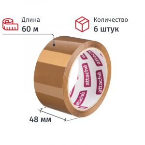 Клейкая лента упаковочная ATTACHE 48мм х 60м 40мкм коричневая 6 шт/уп