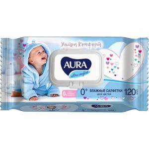 Салфетки влажные AURA для детей ULTRA COMFORT 120шт с крышкой 6474