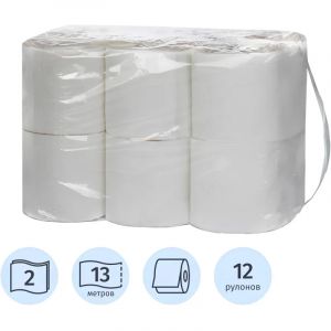 Бумага туалетная PERO 2сл, белая, 13м, втулка, 12рул/уп_КЗН
