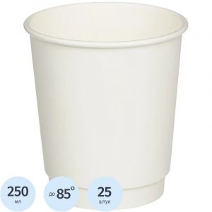 Стакан одноразовый бум 2-сл. d-80мм 250мл белый, КОМУС (25шт/уп)