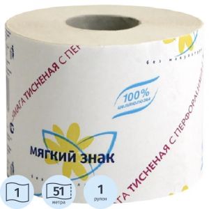 Бумага туалетная Мягкий знак 1сл белая с   тисн.100%цел втул 51м 432 лc28