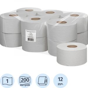 Бумага туалетная д/дисп 1сл сер макул втул 200м 12рул/уп 200N1